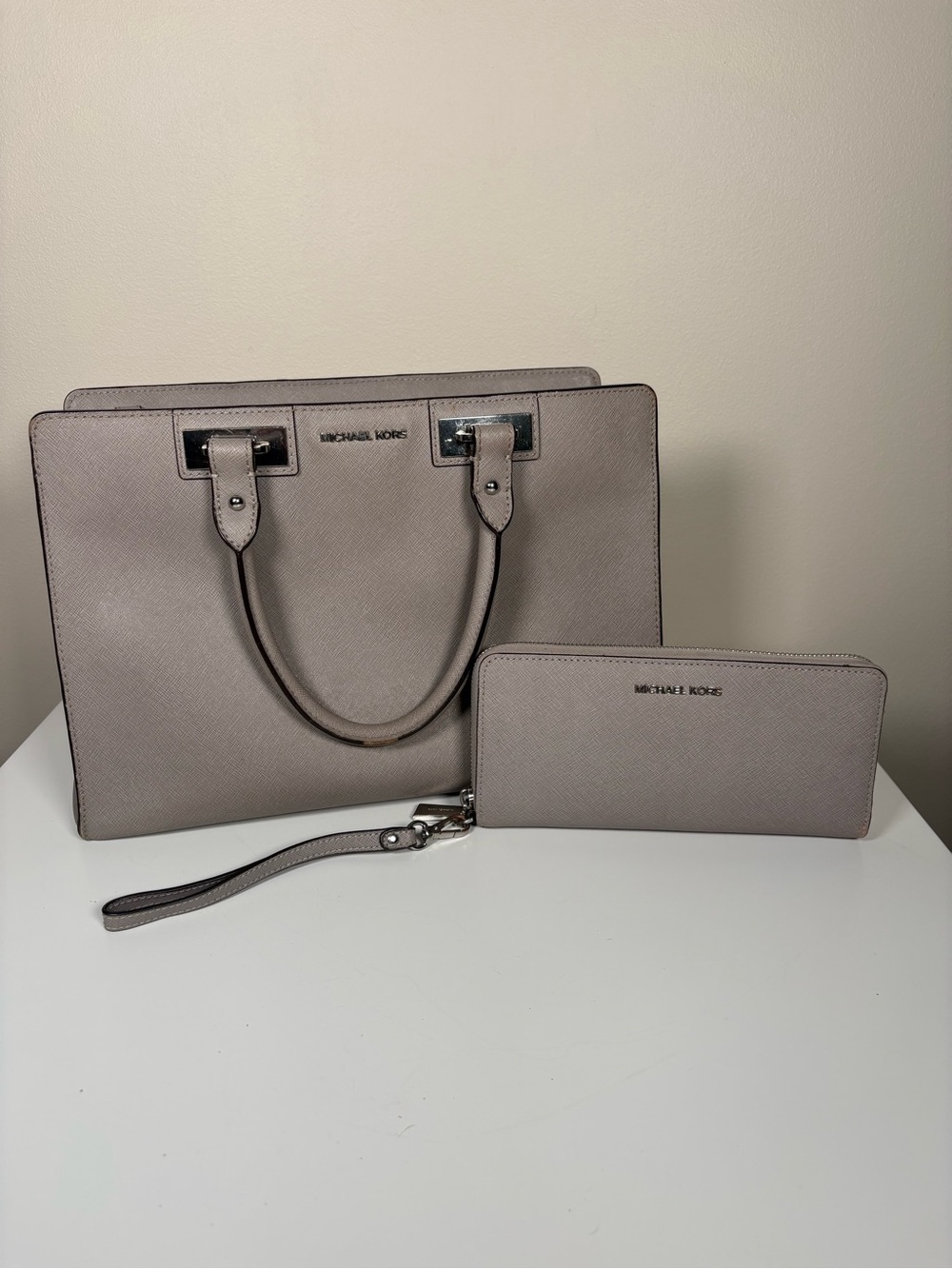 Michael Kors Taupe Saffiano Satchel and Zip Wallet Set